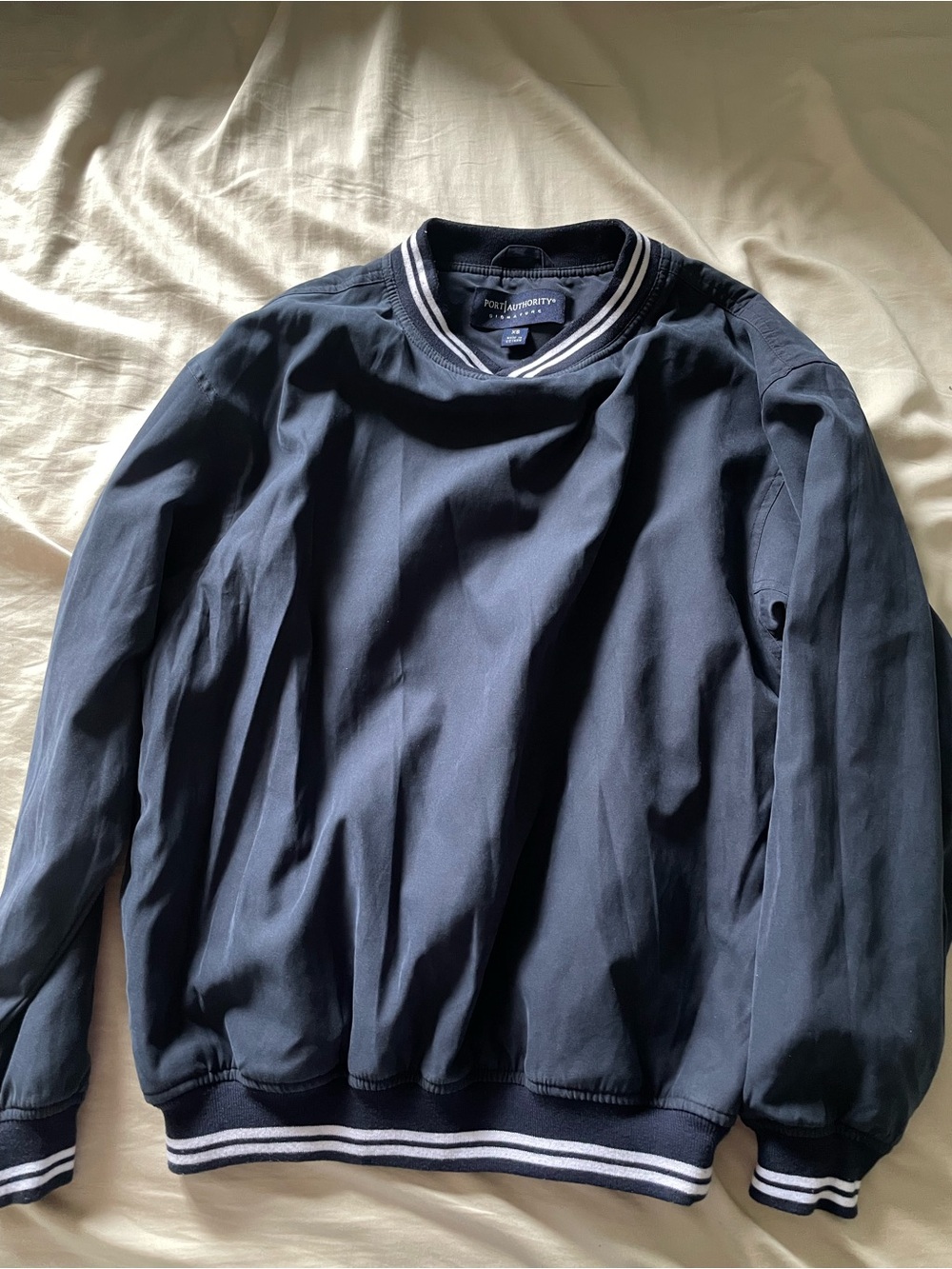 Port Authority Navy Bomber Pullover with Striped Trim